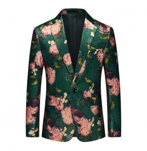 Men's jazz dance dark green floral blazer slim flowers jacquard host singers choir grooms barbet jacket presiding master of ceremonies dress suit